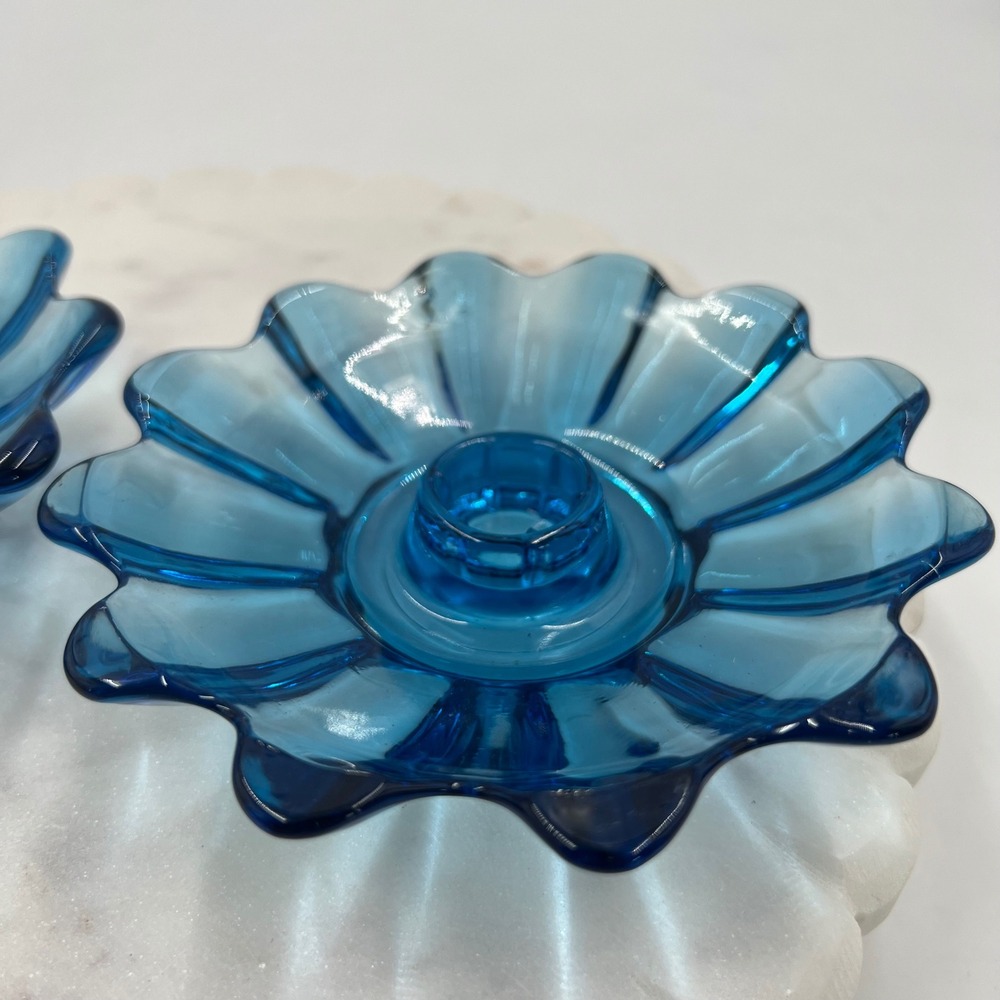 Blue Scalloped Glass Candle Holders Set of 2 Flower Petal Mid Century Style